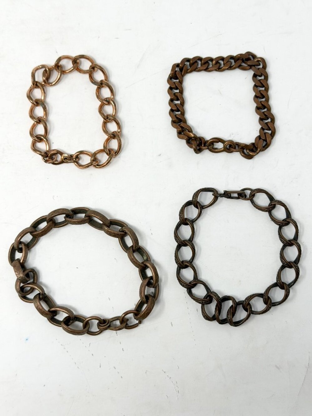 Lot of 4 Solid Copper Chain Bracelets – Vintage Style – Mixed Link Designs 102.6